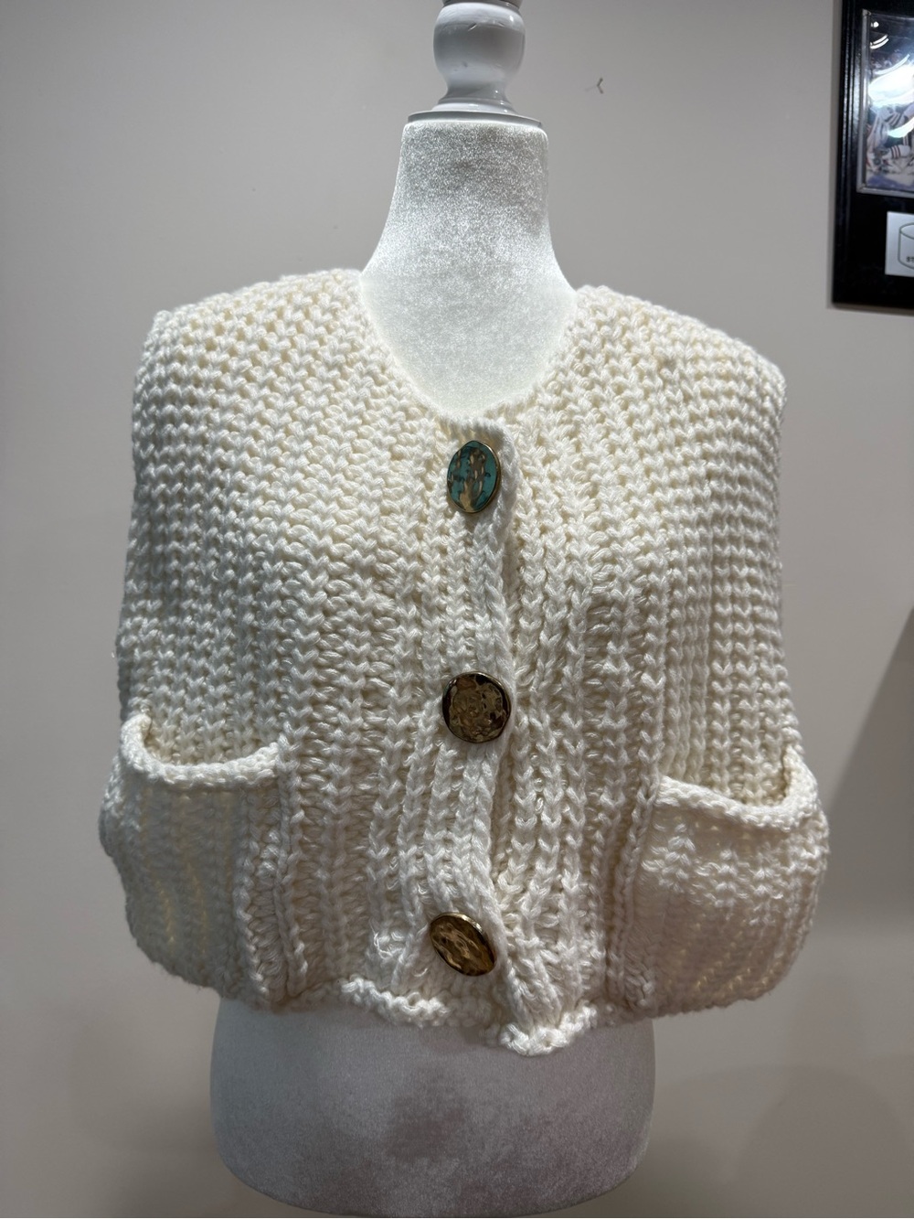Amazon Cream Chunky Knit Cropped Tank with Statement Buttons